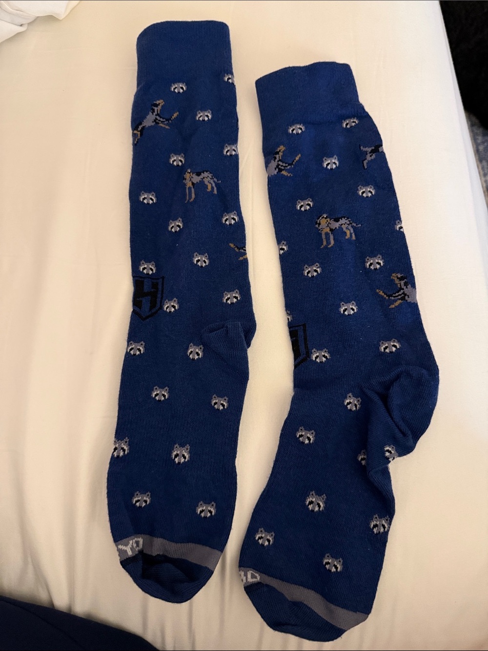 Blue Novelty Crew Dress Socks with Dog and Raccoon Motifs